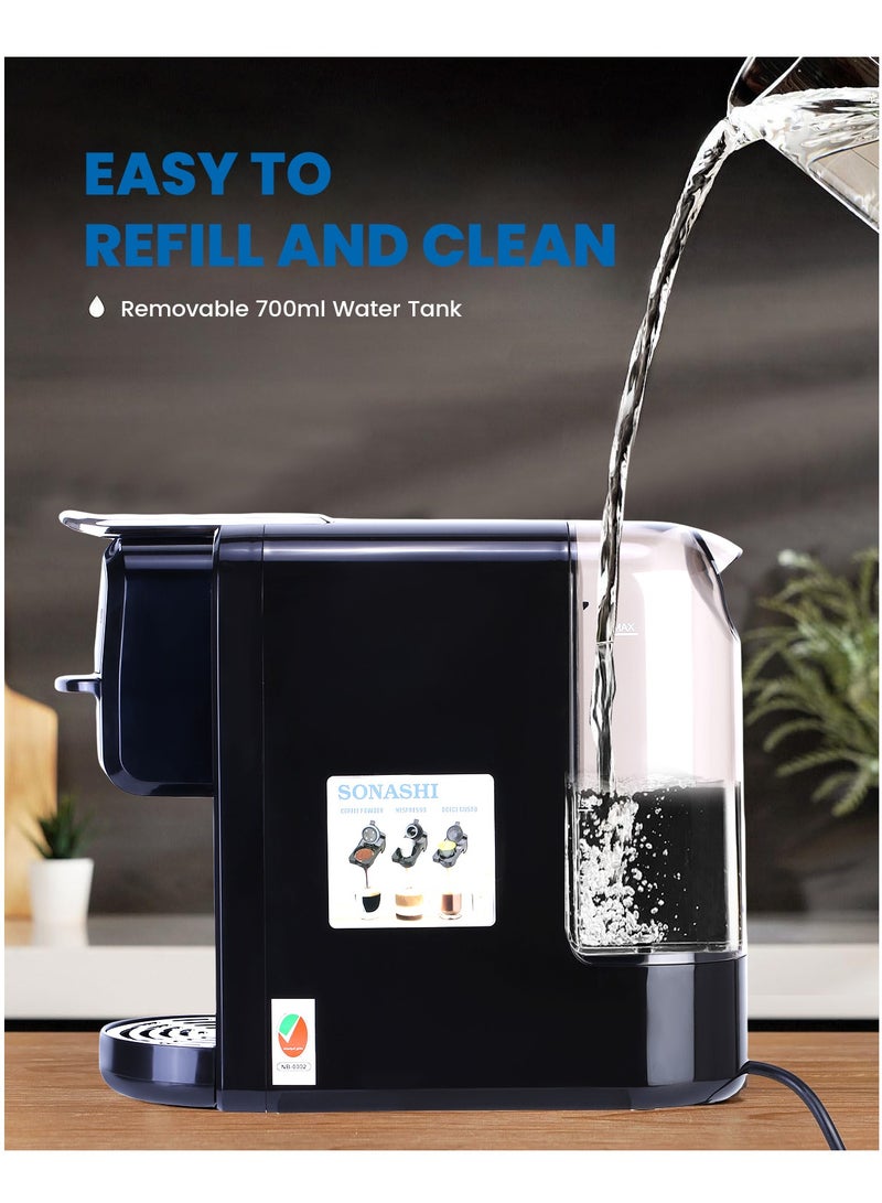 SONASHI - 3 in 1 Multi Capsule Coffee Machine - With 700ML Detachable Water Tank | 20 Bar Powerful Pressure with Touch Control Panel and Indicator Light | 3 Optional Adaptors - Nespresso/Dolce Gusto/Coffee Powder and Auto Shut Off Options | Cafe Style Coffee Maker 700 ml 1400 W SCM-4985 Black - Image 1