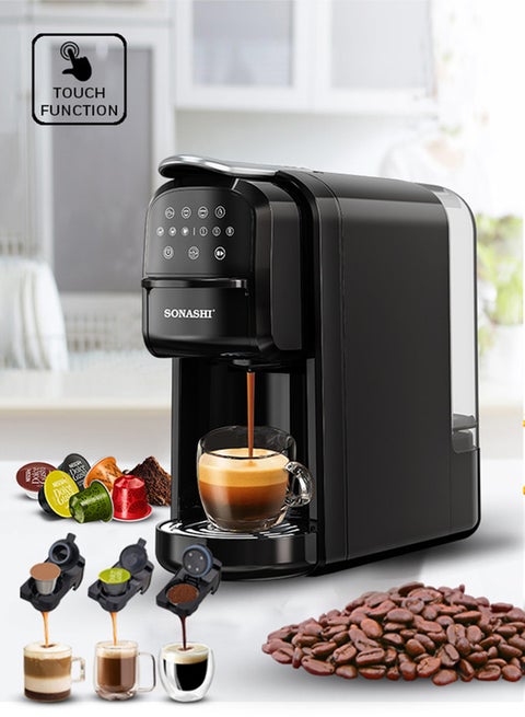 3 in 1 Multi Capsule Coffee Machine - With 700ML Detachable Water Tank | 20 Bar Powerful Pressure with Touch Control Panel and Indicator Light | 3 Optional Adaptors - Nespresso/Dolce Gusto/Coffee Powder and Auto Shut Off Options | Cafe Style Coffee Maker 700 ml 1400 W SCM-4985 Black