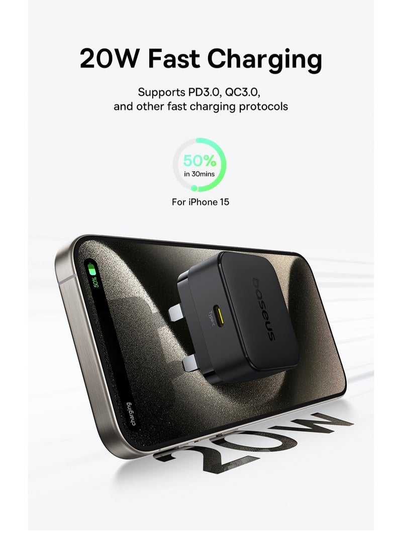 Baseus PD 20W USB-C Charger Cable Set for iPhone 14 Pro Charger Cord, Type-C Ultra-Fast Charging Wall Plug with Lightning Cable, Compatible with iPhone 14 Pro/14 Pro Max/14 Plus/14/13/12/11/Xs, iPad Pro, Airpods, Supports iPhone 16/16 Pro Max/16 Pro/16 Plus/15/14/13, Samsung & More Devices 20W with Ligtning Cable - Black  - Image 3