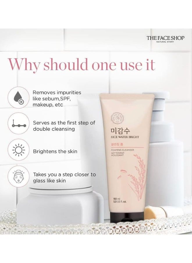 THE FACE SHOP Rice Water Bright Facial Foaming Cleanser 150ml x 2 (Pack of 2), Face Wash for Glowing Skin, Cleanser for Uneven Skin Tone, Korean Skin Care 300ml - Image 4