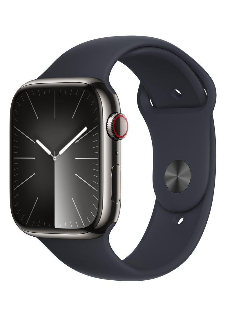Apple - Watch Series 9 GPS  Cellular 45mm Graphite Stainless Case with Midnight Sport Band  ML Blue - Image 1