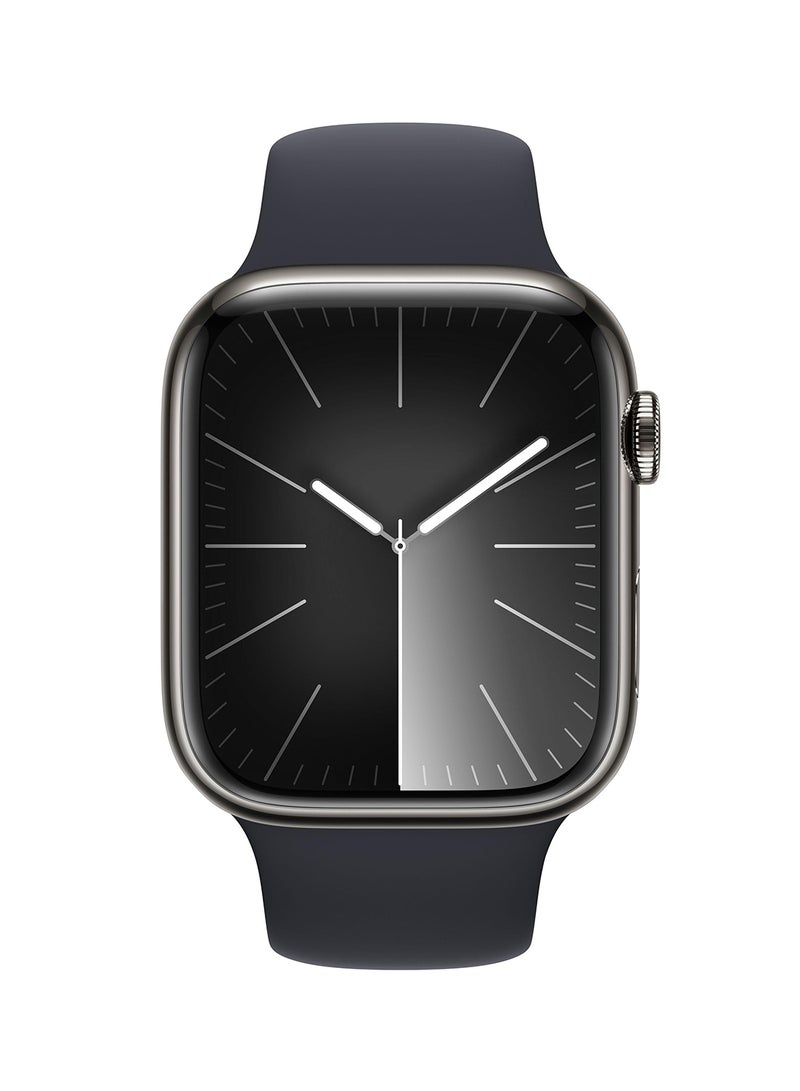 Apple - Watch Series 9 GPS  Cellular 45mm Graphite Stainless Case with Midnight Sport Band  ML Blue - Image 1