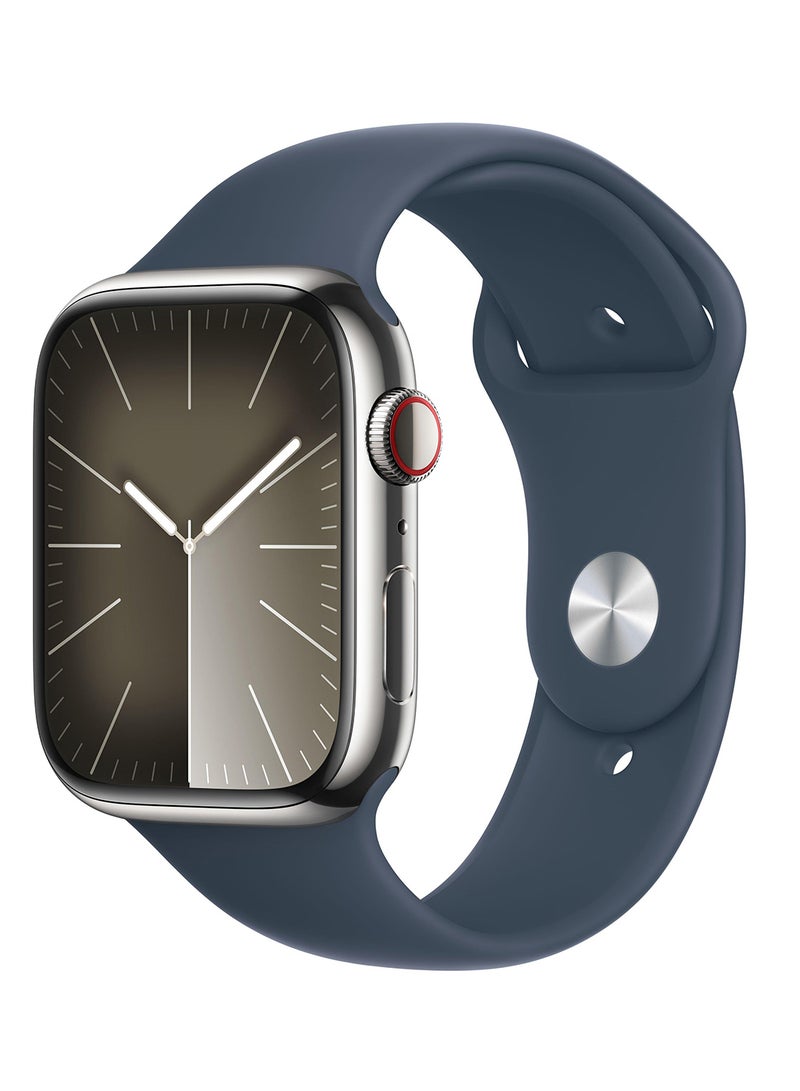 Apple - Watch Series 9 GPS  Cellular 45mm Silver Stainless Case with Storm Blue Sport Band  ML Multicolour - Image 1