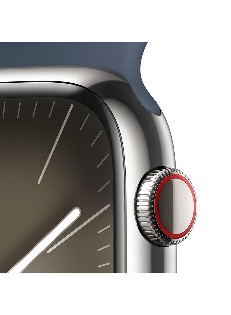 Apple - Watch Series 9 GPS  Cellular 45mm Silver Stainless Case with Storm Blue Sport Band  ML Multicolour - Image 1