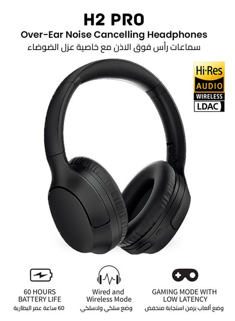 H2 Pro Wireless Over-Ear Headphones,43dB hybrid Active Noice Cancellation,BASS Mode Enhanced Music Experience,Bluetooth 5.3 Connection,Long Battery, Low Latency for Gaming & Stylish Design Midnight Black