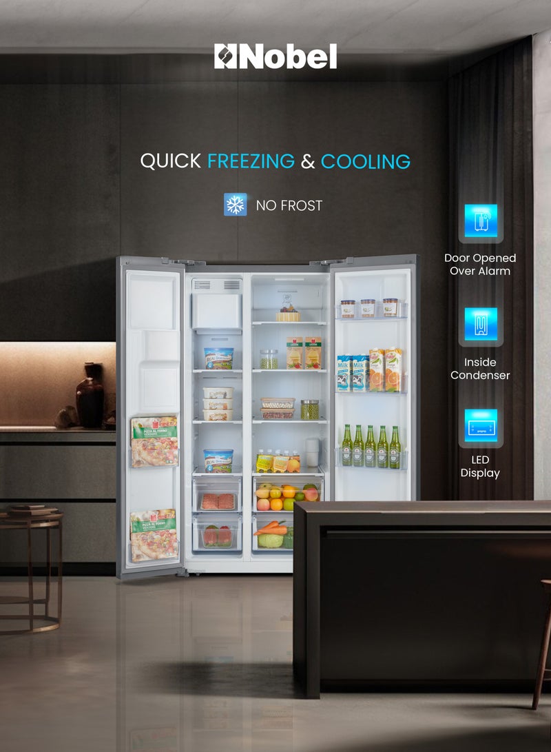 Nobel - 800L Gross Capacity Side by Side Refrigerator with Automatic Ice & Water Dispenser, No Frost with Inverter Motor, LED Display, Adjustable Feet, Super Freezing & Cooling, Open Door Alarm, R600a Refrigerant 448.95 kW NR800SIMI Silver - Image 1