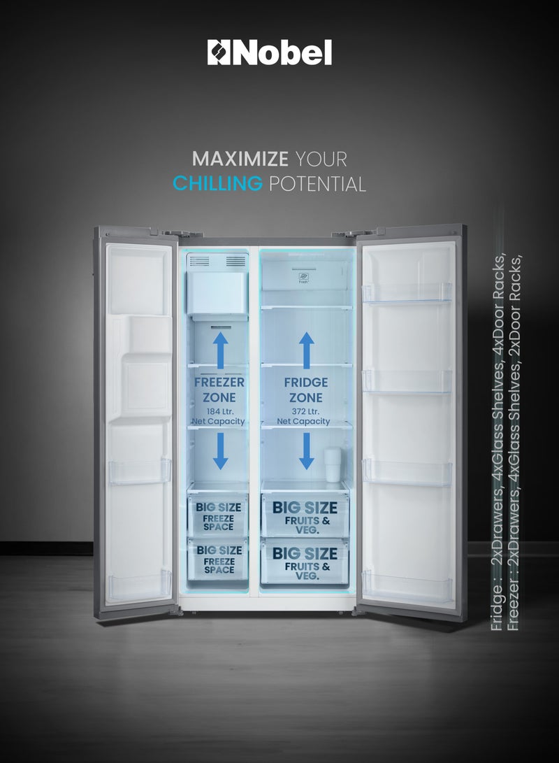 Nobel - 800L Gross Capacity Side by Side Refrigerator with Automatic Ice & Water Dispenser, No Frost with Inverter Motor, LED Display, Adjustable Feet, Super Freezing & Cooling, Open Door Alarm, R600a Refrigerant 448.95 kW NR800SIMI Silver - Image 1