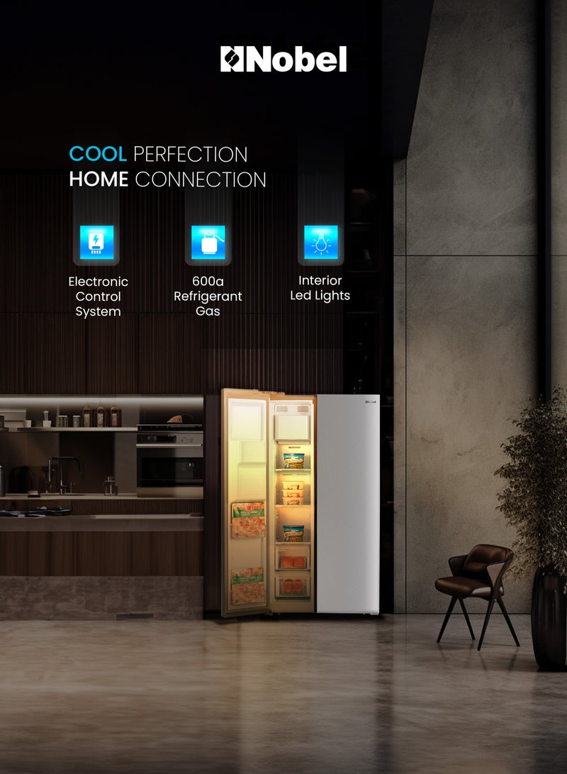 Nobel - 800L Gross Capacity Side by Side Refrigerator with Automatic Ice & Water Dispenser, No Frost with Inverter Motor, LED Display, Adjustable Feet, Super Freezing & Cooling, Open Door Alarm, R600a Refrigerant 448.95 kW NR800SIMI Silver - Image 1