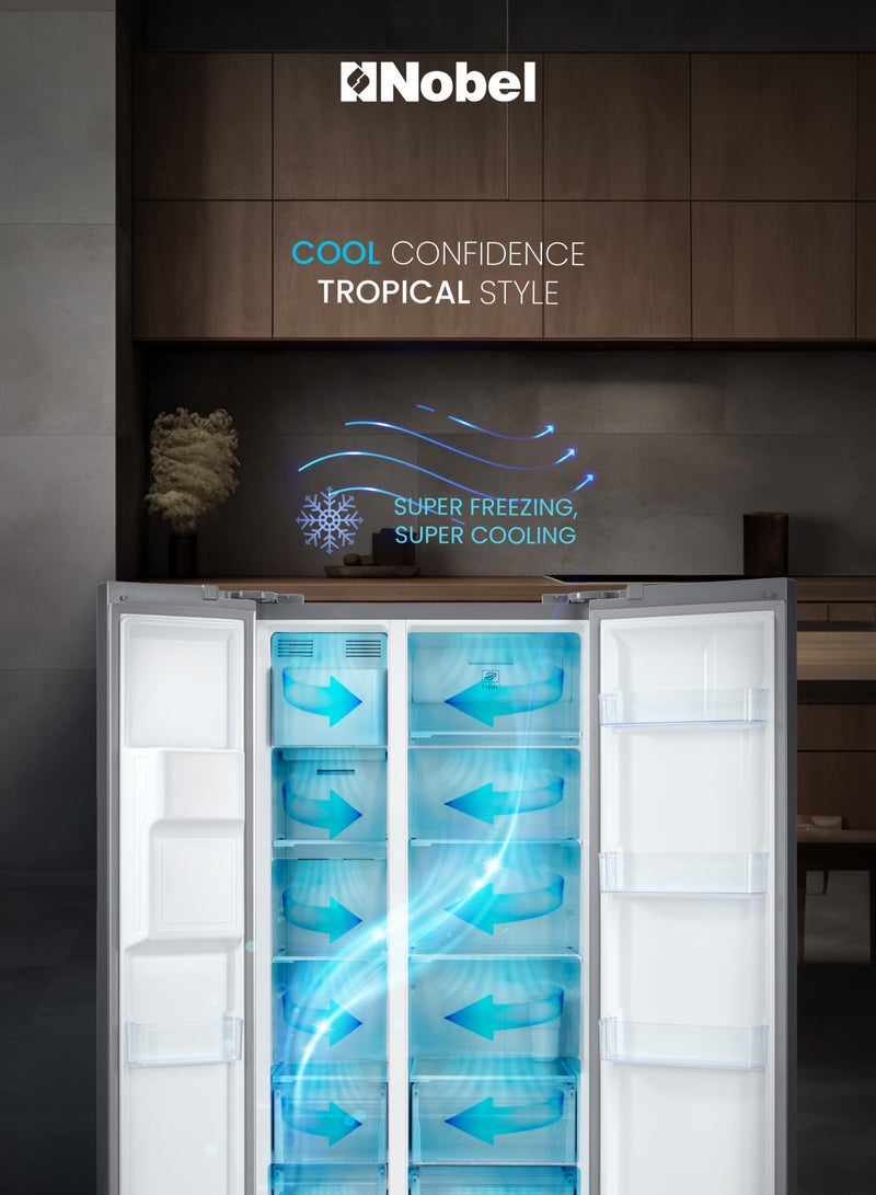Nobel - 800L Gross Capacity Side by Side Refrigerator with Automatic Ice & Water Dispenser, No Frost with Inverter Motor, LED Display, Adjustable Feet, Super Freezing & Cooling, Open Door Alarm, R600a Refrigerant 448.95 kW NR800SIMI Silver - Image 1
