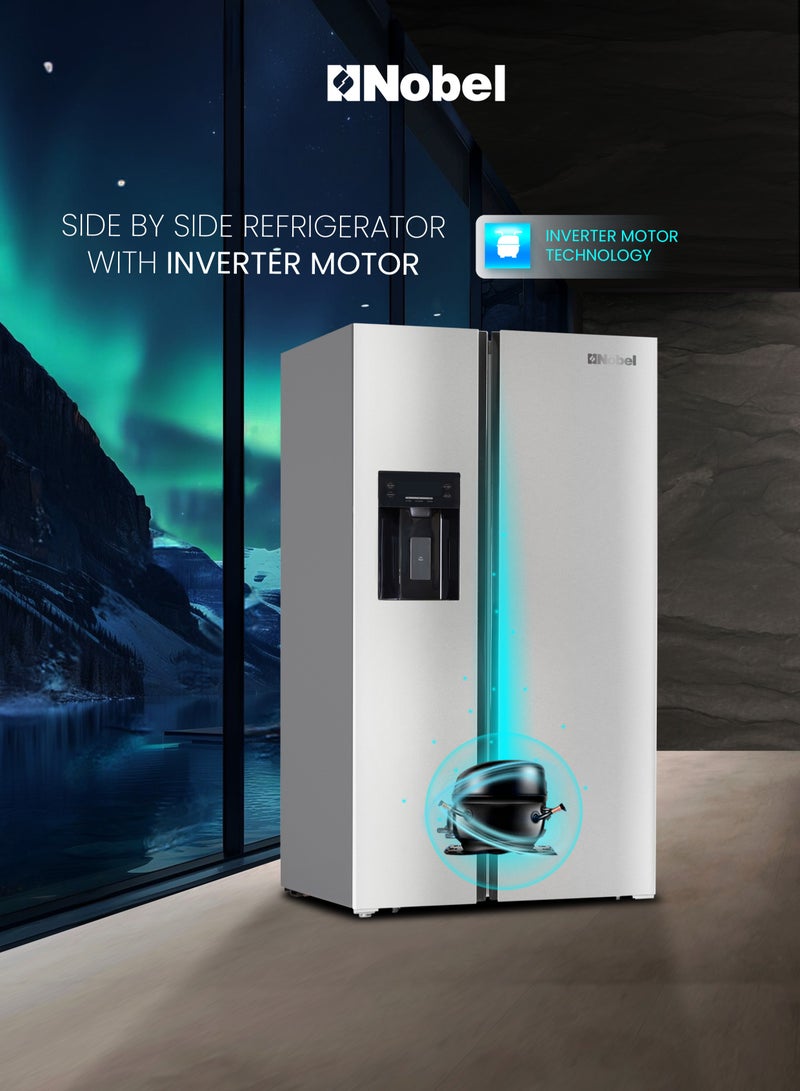 Nobel - 800L Gross Capacity Side by Side Refrigerator with Automatic Ice & Water Dispenser, No Frost with Inverter Motor, LED Display, Adjustable Feet, Super Freezing & Cooling, Open Door Alarm, R600a Refrigerant 448.95 kW NR800SIMI Silver - Image 1
