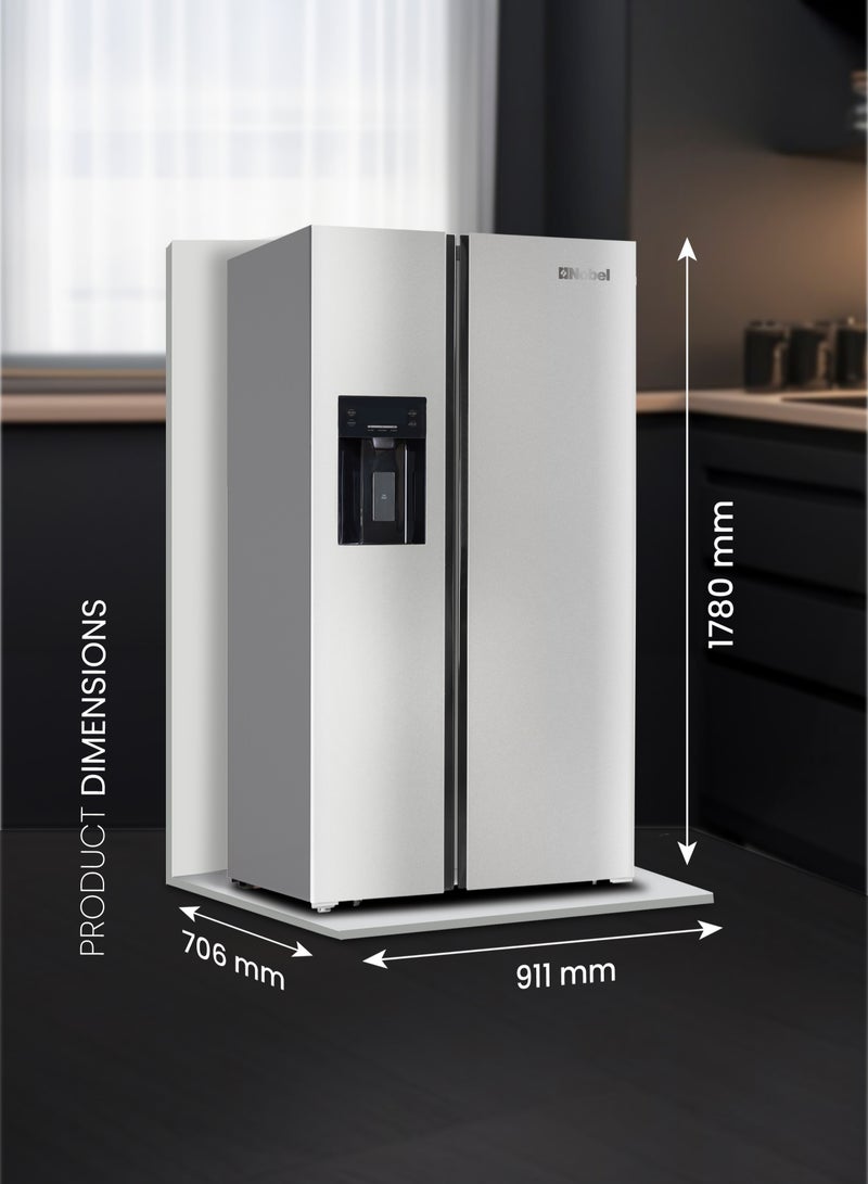 Nobel - 800L Gross Capacity Side by Side Refrigerator with Automatic Ice & Water Dispenser, No Frost with Inverter Motor, LED Display, Adjustable Feet, Super Freezing & Cooling, Open Door Alarm, R600a Refrigerant 448.95 kW NR800SIMI Silver - Image 1