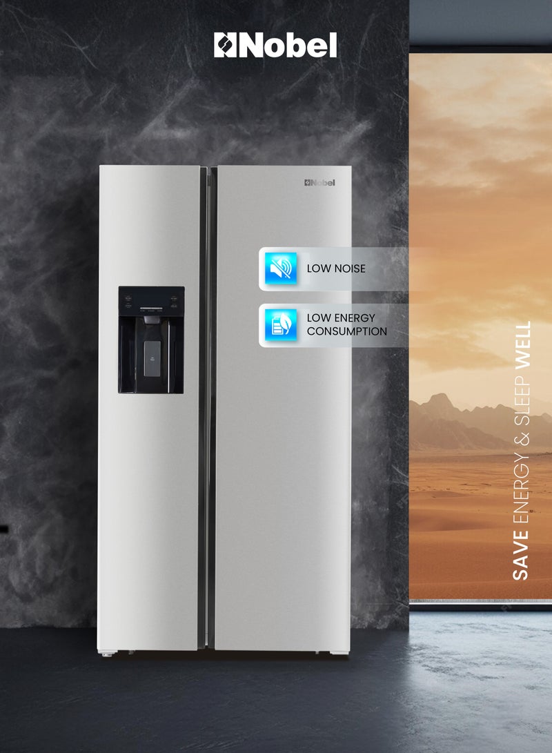 Nobel - 800L Gross Capacity Side by Side Refrigerator with Automatic Ice & Water Dispenser, No Frost with Inverter Motor, LED Display, Adjustable Feet, Super Freezing & Cooling, Open Door Alarm, R600a Refrigerant 448.95 kW NR800SIMI Silver - Image 1