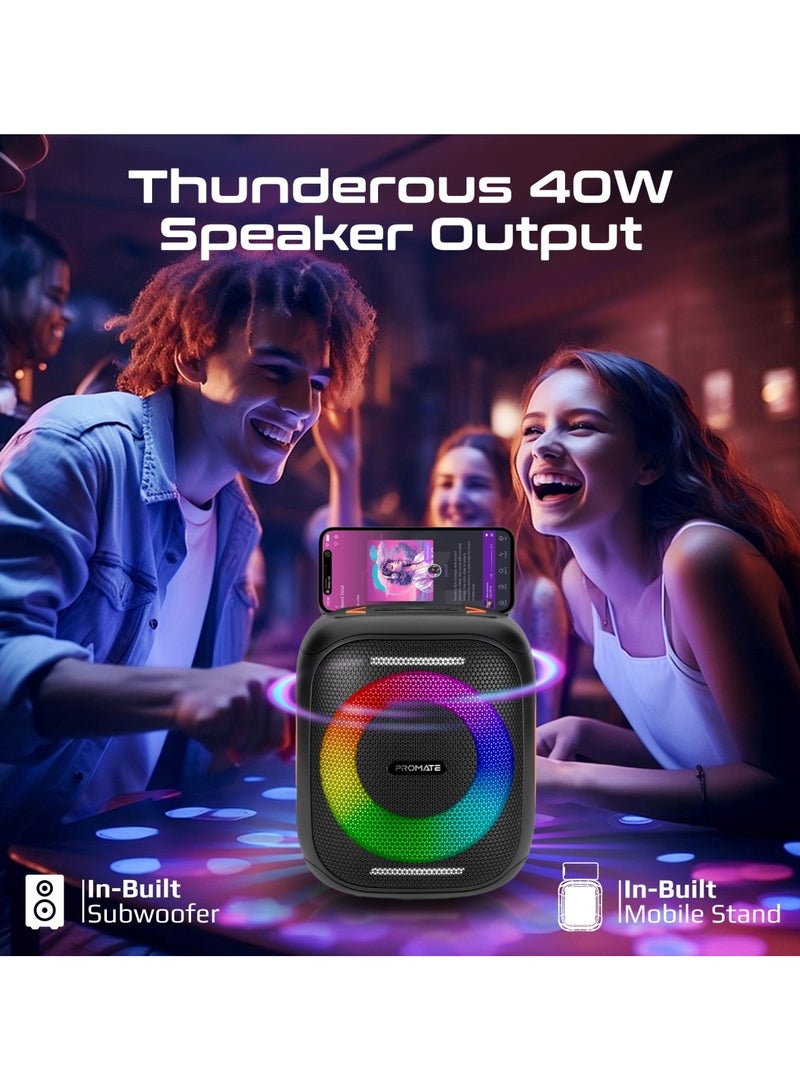 PROMATE - Portable Hi-Fi TWS Speaker With High-Fidelity Audio, Stunning RGB Light Modes, Long 6-Hour Playtime, Water-Resistant Build, Handy Phone Stand, Lightweight Design, and Universal Compatibility, Strike-40 Black - Image 1