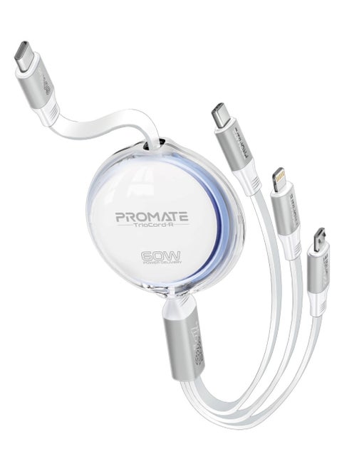 3-In-1 Universal USB-C Retractable Cable with Three Outputs: PD60W USB-C, PD27W Lightning, And 10W Micro-USB, 480Mbps USB-C Data Transfer, Transparent Circular Case, Nickel-Plated Connectors, TrioCord-R White