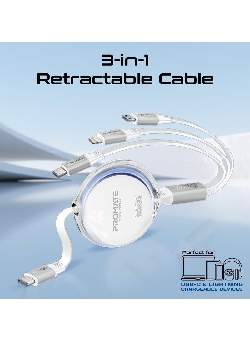 PROMATE - 3-In-1 Universal USB-C Retractable Cable with Three Outputs: PD60W USB-C, PD27W Lightning, And 10W Micro-USB, 480Mbps USB-C Data Transfer, Transparent Circular Case, Nickel-Plated Connectors, TrioCord-R White - Image 1