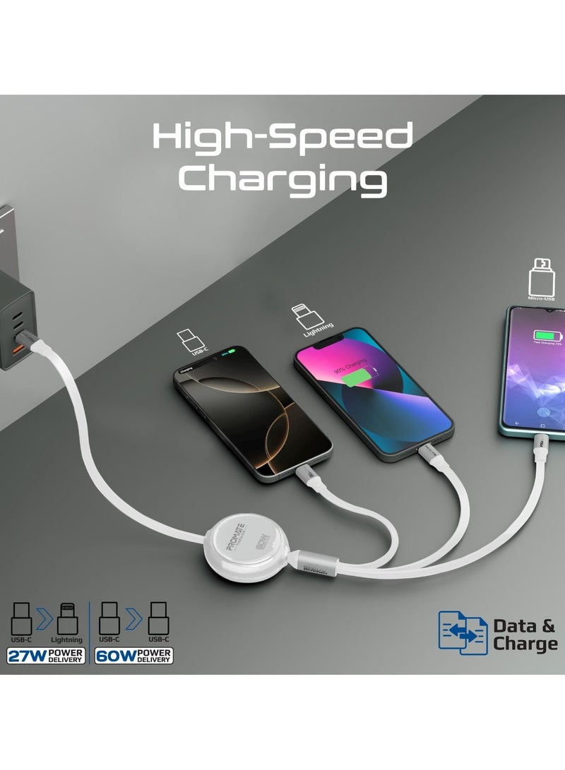 PROMATE - 3-In-1 Universal USB-C Retractable Cable with Three Outputs: PD60W USB-C, PD27W Lightning, And 10W Micro-USB, 480Mbps USB-C Data Transfer, Transparent Circular Case, Nickel-Plated Connectors, TrioCord-R White - Image 1