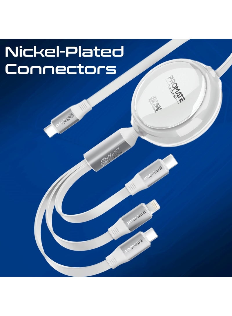 PROMATE - 3-In-1 Universal USB-C Retractable Cable with Three Outputs: PD60W USB-C, PD27W Lightning, And 10W Micro-USB, 480Mbps USB-C Data Transfer, Transparent Circular Case, Nickel-Plated Connectors, TrioCord-R White - Image 1