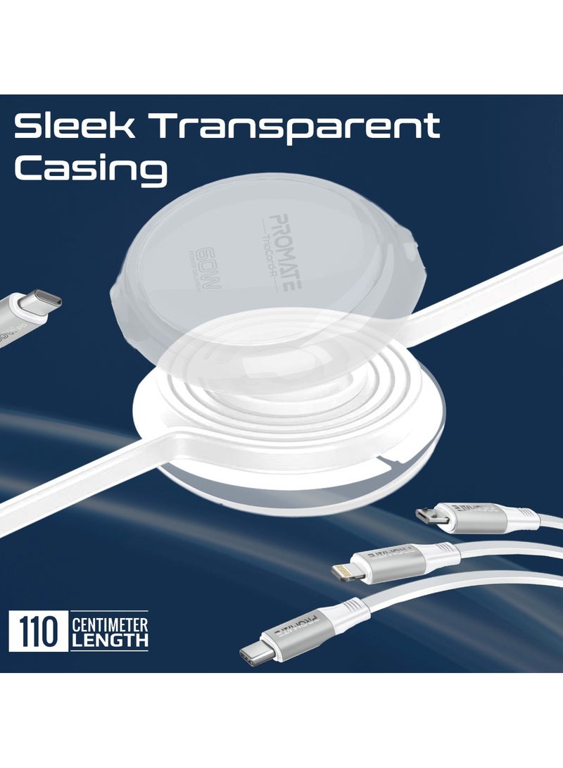 PROMATE - 3-In-1 Universal USB-C Retractable Cable with Three Outputs: PD60W USB-C, PD27W Lightning, And 10W Micro-USB, 480Mbps USB-C Data Transfer, Transparent Circular Case, Nickel-Plated Connectors, TrioCord-R White - Image 1