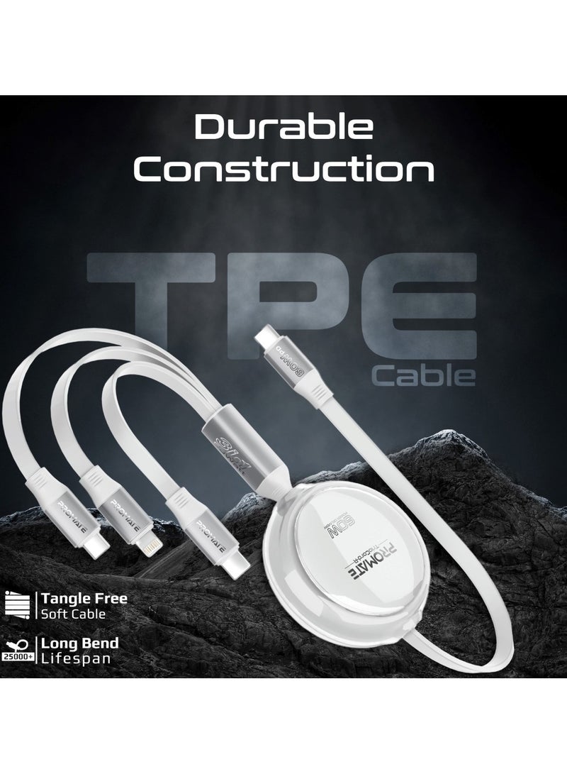 PROMATE - 3-In-1 Universal USB-C Retractable Cable with Three Outputs: PD60W USB-C, PD27W Lightning, And 10W Micro-USB, 480Mbps USB-C Data Transfer, Transparent Circular Case, Nickel-Plated Connectors, TrioCord-R White - Image 1