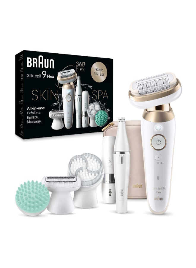 BRAUN Silk-épil 9 Flex SkinSpa 9-681 3D Epilator Wet & Dry includes Shaver Head, FaceSpa epilator(Face) and Mini hair(FS) remover, Pouch. +12 Extra White and Gold - Image 1