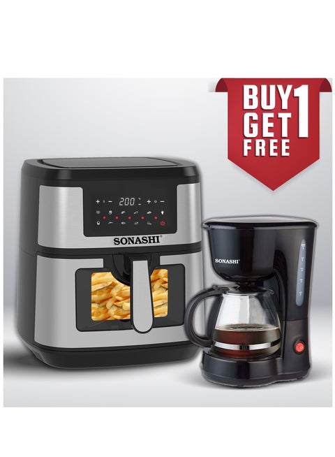 Digital Air Fryer – LED Touch-Screen Display | 9.5L Pot Capacity Transparent Basket with High Speed Air Circulation Technology for Frying, Roasting, Baking and Toasting 9.5 L 1800 W SAF-950 Black/Silver with FREE Drip Coffee Maker SCM-4920 9.5 L 1800 W SAF-950 + SCM-4920 Black