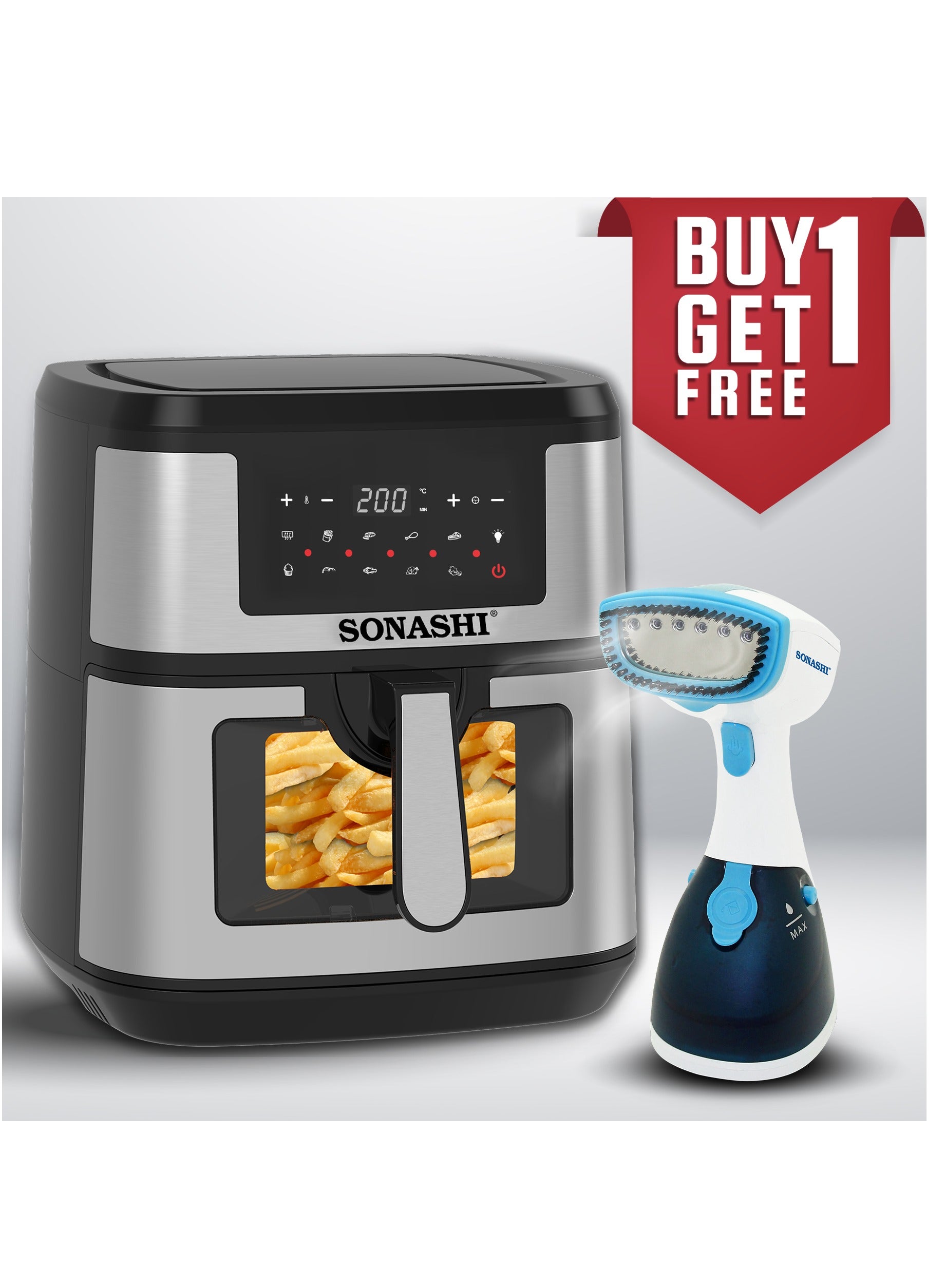 سوناشي Digital Air Fryer – LED Touch-Screen Display | 9.5L Pot Capacity Transparent Basket with High Speed Air Circulation Technology for Frying, Roasting, Baking and Toasting 9.5 L 1800 W SAF-950 Black/Silver with FREE Handheld Portable Garment Steamer SGS-315 9.5 L 1800 W SAF-950 + SGS-315 Black 