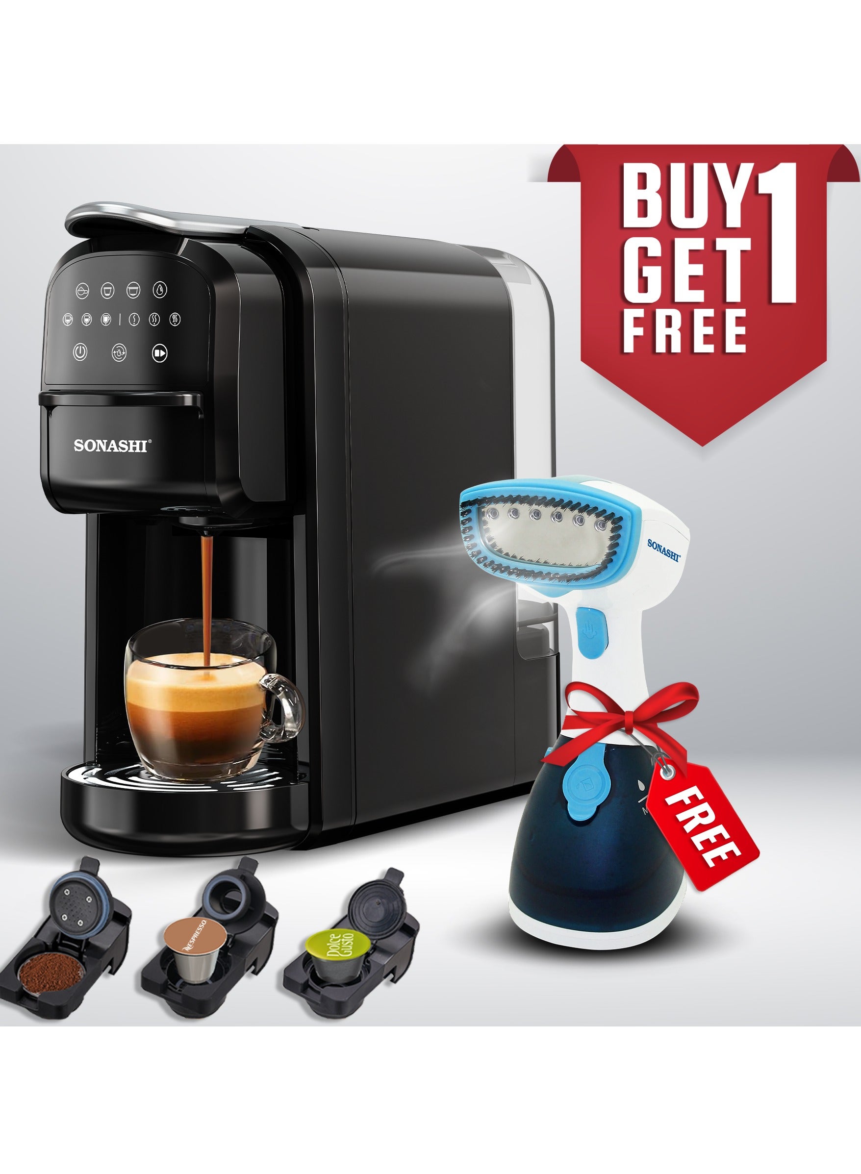 سوناشي 3 in 1 Digital Multi Capsule Coffee Machine - with 700ML Detachable Water Tank | 20 Bar Powerful Pressure with Smart Touch Control Panel and Indicator Light | 3 Optional Adaptors - Nespresso/Dolce Gusto/Coffee Powder and Auto Shut Off Options | Cafe Style Coffee Maker with FREE Handheld Portable Garment Steamer 700 ml 1400 W SCM-4985 Black 