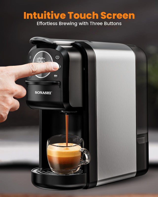 سوناشي - 3 in 1 Digital Multi Capsule Coffee Machine - with 700ML Detachable Water Tank | 20 Bar Powerful Pressure with Smart Touch Control Panel and Indicator Light | 3 Optional Adaptors - Nespresso/Dolce Gusto/Coffee Powder and Auto Shut Off Options | Cafe Style Coffee Maker with FREE Handheld Portable Garment Steamer 700 ml 1400 W SCM-4984 Black - Image 1