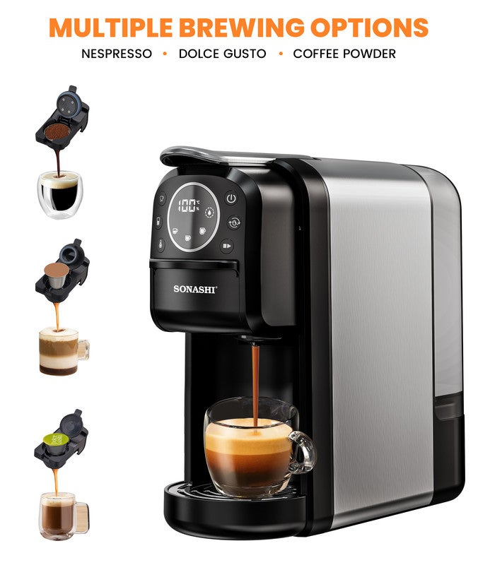 سوناشي - 3 in 1 Digital Multi Capsule Coffee Machine - with 700ML Detachable Water Tank | 20 Bar Powerful Pressure with Smart Touch Control Panel and Indicator Light | 3 Optional Adaptors - Nespresso/Dolce Gusto/Coffee Powder and Auto Shut Off Options | Cafe Style Coffee Maker with FREE Handheld Portable Garment Steamer 700 ml 1400 W SCM-4984 Black - Image 1