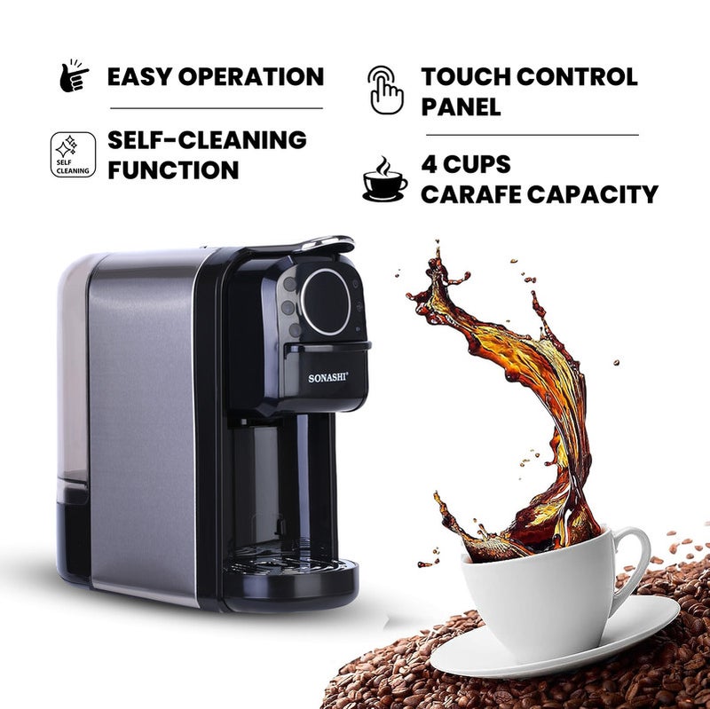 سوناشي - 3 in 1 Digital Multi Capsule Coffee Machine - with 700ML Detachable Water Tank | 20 Bar Powerful Pressure with Smart Touch Control Panel and Indicator Light | 3 Optional Adaptors - Nespresso/Dolce Gusto/Coffee Powder and Auto Shut Off Options | Cafe Style Coffee Maker with FREE Handheld Portable Garment Steamer 700 ml 1400 W SCM-4984 Black - Image 1