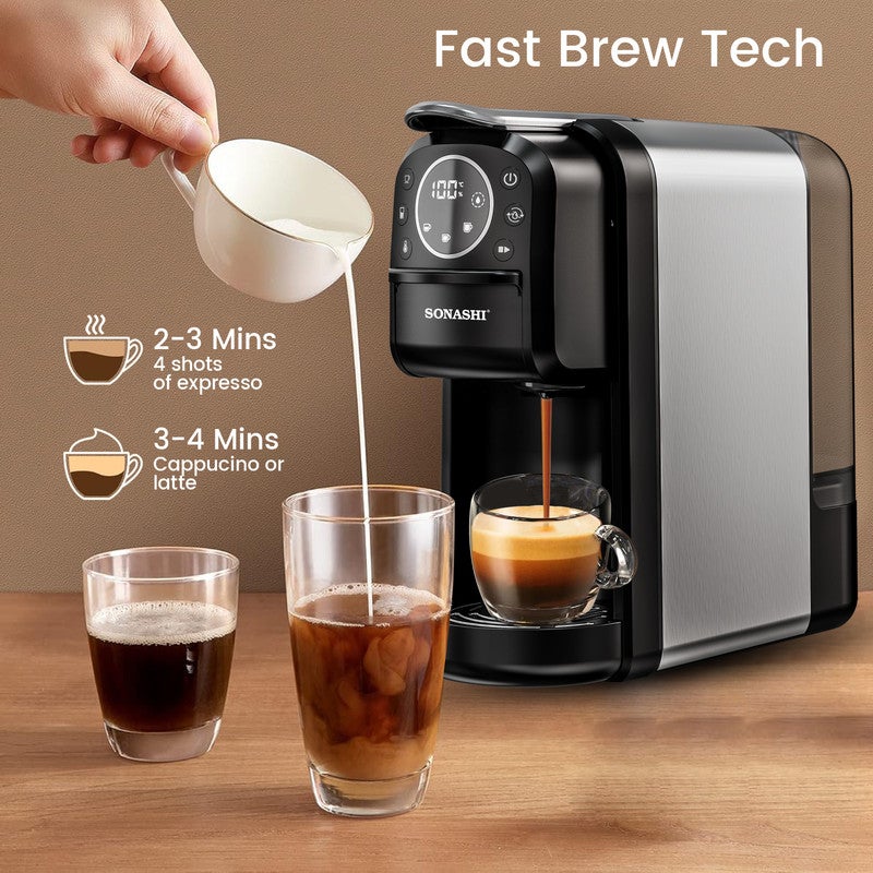 سوناشي - 3 in 1 Digital Multi Capsule Coffee Machine - with 700ML Detachable Water Tank | 20 Bar Powerful Pressure with Smart Touch Control Panel and Indicator Light | 3 Optional Adaptors - Nespresso/Dolce Gusto/Coffee Powder and Auto Shut Off Options | Cafe Style Coffee Maker with FREE Handheld Portable Garment Steamer 700 ml 1400 W SCM-4984 Black - Image 1