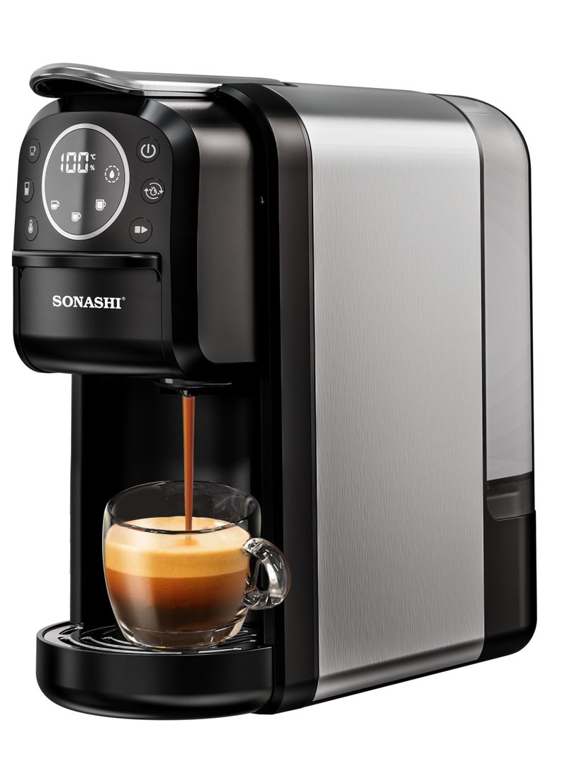 سوناشي - 3 in 1 Digital Multi Capsule Coffee Machine - with 700ML Detachable Water Tank | 20 Bar Powerful Pressure with Smart Touch Control Panel and Indicator Light | 3 Optional Adaptors - Nespresso/Dolce Gusto/Coffee Powder and Auto Shut Off Options | Cafe Style Coffee Maker with FREE Handheld Portable Garment Steamer 700 ml 1400 W SCM-4984 Black - Image 1