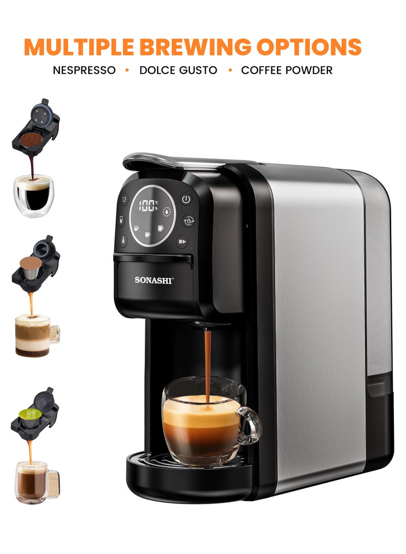 سوناشي - 3 in 1 Digital Multi Capsule Coffee Machine - with 700ML Detachable Water Tank | 20 Bar Powerful Pressure with Smart Touch Control Panel and Indicator Light | 3 Optional Adaptors - Nespresso/Dolce Gusto/Coffee Powder and Auto Shut Off Options | Cafe Style Coffee Maker with FREE Handheld Portable Garment Steamer 700 ml 1400 W SCM-4984 Black - Image 1