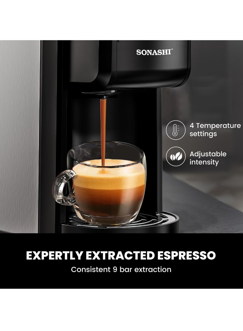 سوناشي - 3 in 1 Digital Multi Capsule Coffee Machine - with 700ML Detachable Water Tank | 20 Bar Powerful Pressure with Smart Touch Control Panel and Indicator Light | 3 Optional Adaptors - Nespresso/Dolce Gusto/Coffee Powder and Auto Shut Off Options | Cafe Style Coffee Maker with FREE Handheld Portable Garment Steamer 700 ml 1400 W SCM-4984 Black - Image 1