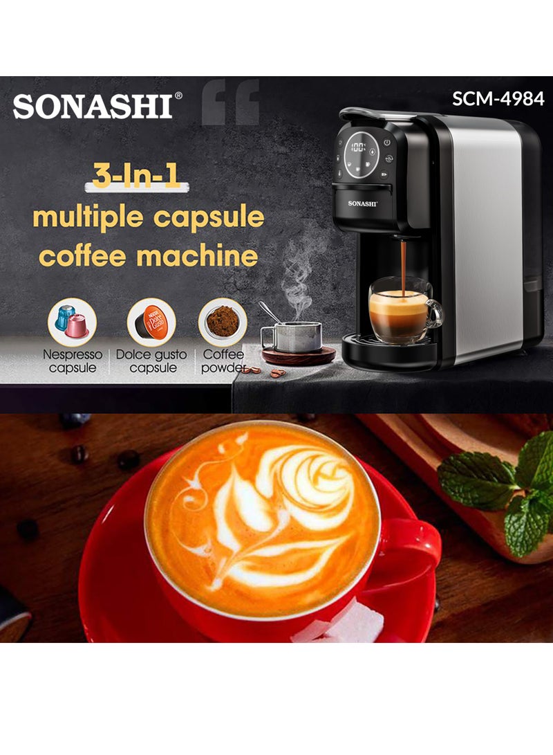 سوناشي - 3 in 1 Digital Multi Capsule Coffee Machine - with 700ML Detachable Water Tank | 20 Bar Powerful Pressure with Smart Touch Control Panel and Indicator Light | 3 Optional Adaptors - Nespresso/Dolce Gusto/Coffee Powder and Auto Shut Off Options | Cafe Style Coffee Maker with FREE Handheld Portable Garment Steamer 700 ml 1400 W SCM-4984 Black - Image 1
