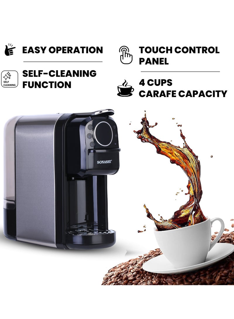سوناشي - 3 in 1 Digital Multi Capsule Coffee Machine - with 700ML Detachable Water Tank | 20 Bar Powerful Pressure with Smart Touch Control Panel and Indicator Light | 3 Optional Adaptors - Nespresso/Dolce Gusto/Coffee Powder and Auto Shut Off Options | Cafe Style Coffee Maker with FREE Handheld Portable Garment Steamer 700 ml 1400 W SCM-4984 Black - Image 1
