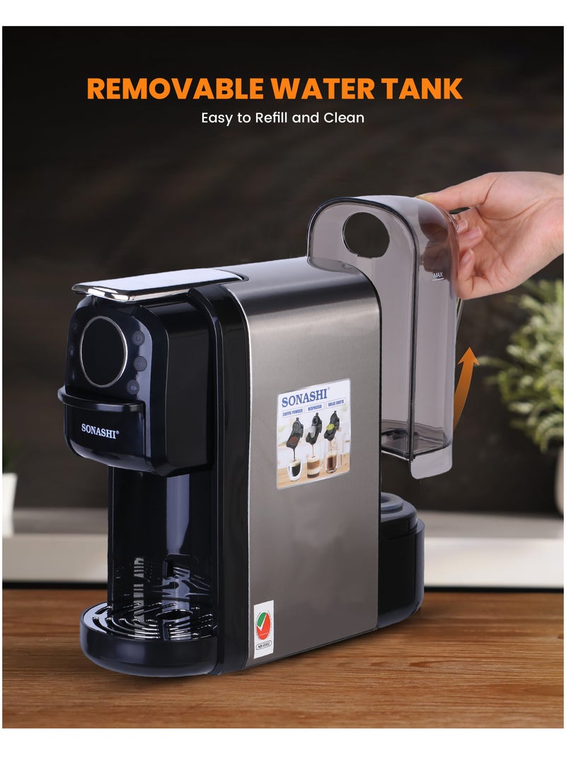 سوناشي - 3 in 1 Digital Multi Capsule Coffee Machine - with 700ML Detachable Water Tank | 20 Bar Powerful Pressure with Smart Touch Control Panel and Indicator Light | 3 Optional Adaptors - Nespresso/Dolce Gusto/Coffee Powder and Auto Shut Off Options | Cafe Style Coffee Maker with FREE Handheld Portable Garment Steamer 700 ml 1400 W SCM-4984 Black - Image 1