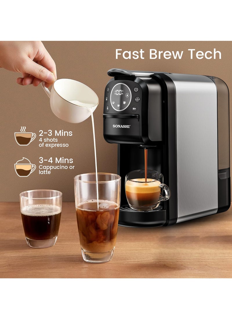 سوناشي - 3 in 1 Digital Multi Capsule Coffee Machine - with 700ML Detachable Water Tank | 20 Bar Powerful Pressure with Smart Touch Control Panel and Indicator Light | 3 Optional Adaptors - Nespresso/Dolce Gusto/Coffee Powder and Auto Shut Off Options | Cafe Style Coffee Maker with FREE Handheld Portable Garment Steamer 700 ml 1400 W SCM-4984 Black - Image 1