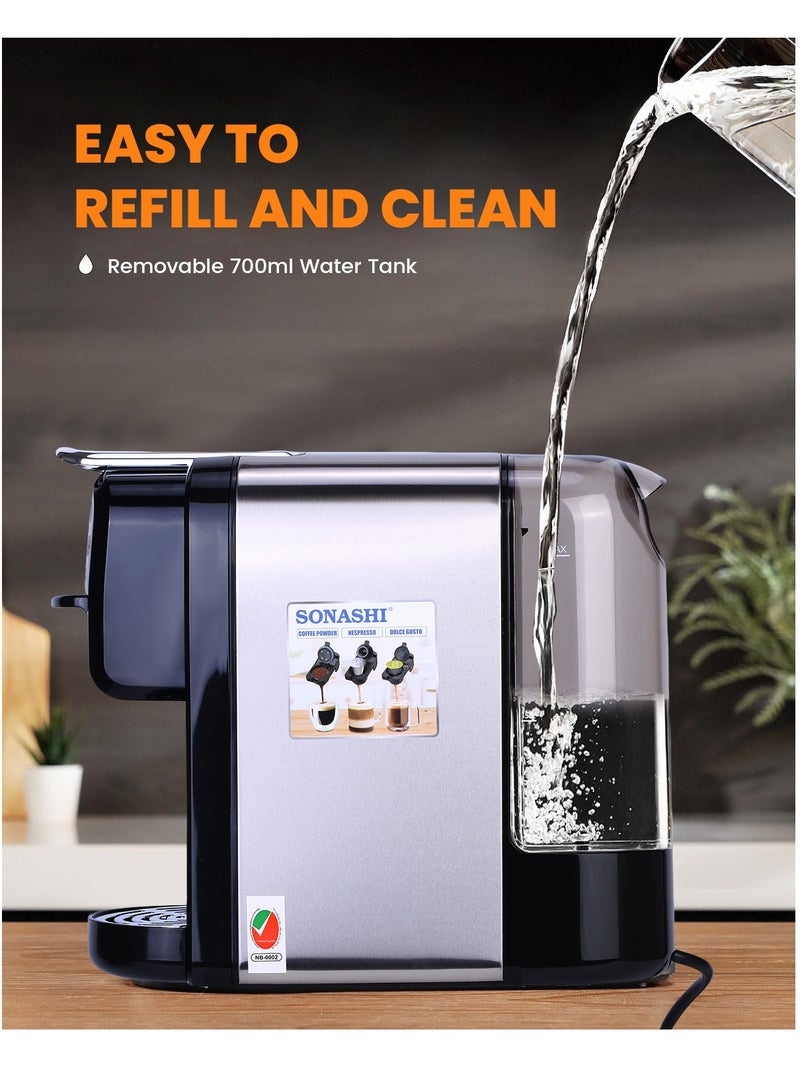 سوناشي - 3 in 1 Digital Multi Capsule Coffee Machine - with 700ML Detachable Water Tank | 20 Bar Powerful Pressure with Smart Touch Control Panel and Indicator Light | 3 Optional Adaptors - Nespresso/Dolce Gusto/Coffee Powder and Auto Shut Off Options | Cafe Style Coffee Maker with FREE Handheld Portable Garment Steamer 700 ml 1400 W SCM-4984 Black - Image 1