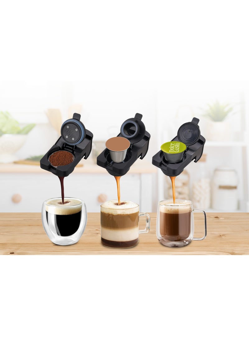سوناشي - 3 in 1 Digital Multi Capsule Coffee Machine - with 700ML Detachable Water Tank | 20 Bar Powerful Pressure with Smart Touch Control Panel and Indicator Light | 3 Optional Adaptors - Nespresso/Dolce Gusto/Coffee Powder and Auto Shut Off Options | Cafe Style Coffee Maker with FREE Handheld Portable Garment Steamer 700 ml 1400 W SCM-4984 Black - Image 1