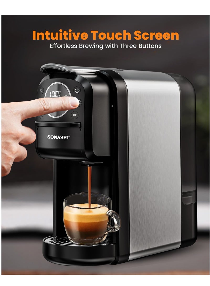 سوناشي - 3 in 1 Digital Multi Capsule Coffee Machine - with 700ML Detachable Water Tank | 20 Bar Powerful Pressure with Smart Touch Control Panel and Indicator Light | 3 Optional Adaptors - Nespresso/Dolce Gusto/Coffee Powder and Auto Shut Off Options | Cafe Style Coffee Maker with FREE Handheld Portable Garment Steamer 700 ml 1400 W SCM-4984 Black - Image 1