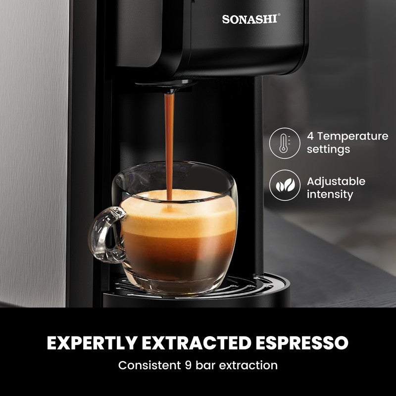 سوناشي - 3 in 1 Digital Multi Capsule Coffee Machine - with 700ML Detachable Water Tank | 20 Bar Powerful Pressure with Smart Touch Control Panel and Indicator Light | 3 Optional Adaptors - Nespresso/Dolce Gusto/Coffee Powder and Auto Shut Off Options | Cafe Style Coffee Maker with FREE Handheld Portable Garment Steamer 700 ml 1400 W SCM-4984 Black - Image 1