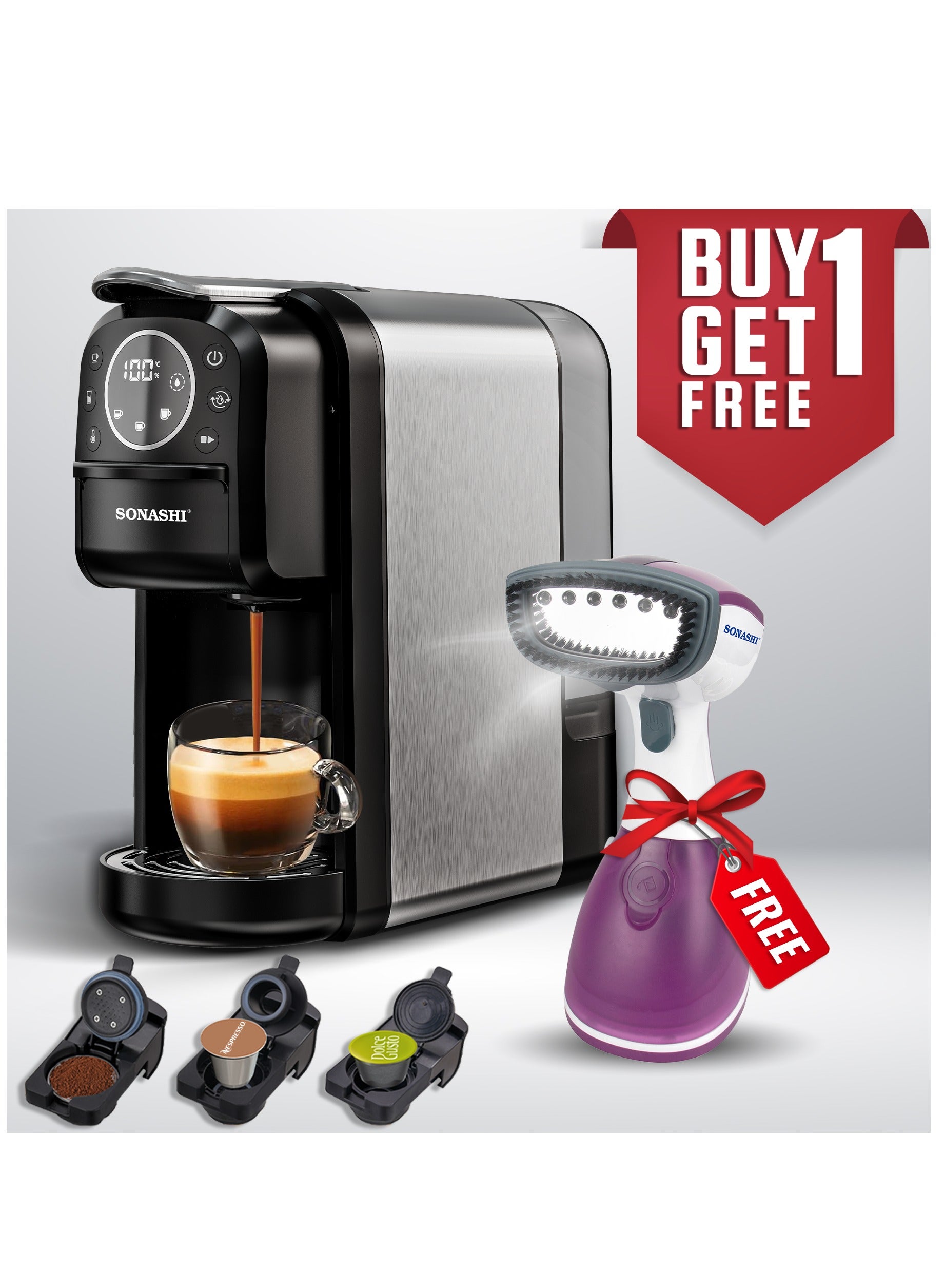 سوناشي 3 in 1 Digital Multi Capsule Coffee Machine - with 700ML Detachable Water Tank | 20 Bar Powerful Pressure with Smart Touch Control Panel and Indicator Light | 3 Optional Adaptors - Nespresso/Dolce Gusto/Coffee Powder and Auto Shut Off Options | Cafe Style Coffee Maker with FREE Handheld Portable Garment Steamer 700 ml 1400 W SCM-4984 Black 