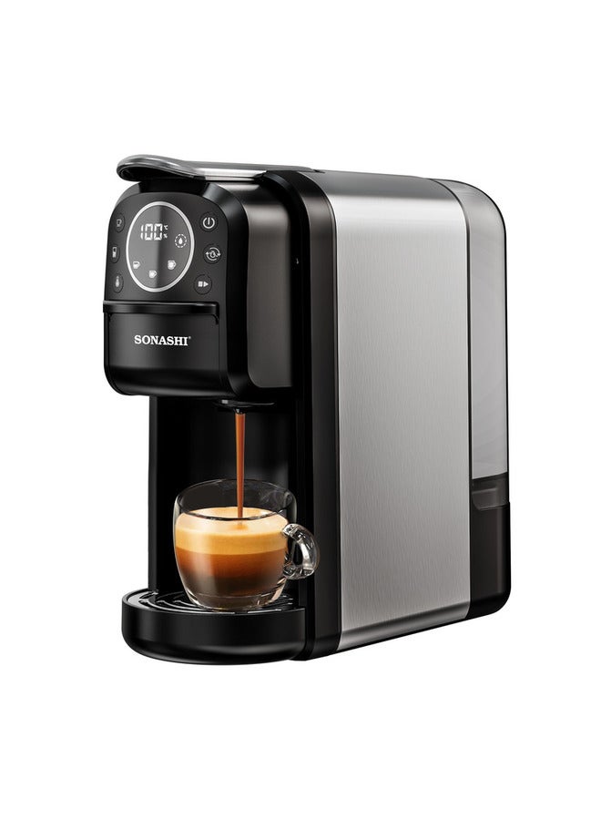 سوناشي - 3 in 1 Digital Multi Capsule Coffee Machine - with 700ML Detachable Water Tank | 20 Bar Powerful Pressure with Smart Touch Control Panel and Indicator Light | 3 Optional Adaptors - Nespresso/Dolce Gusto/Coffee Powder and Auto Shut Off Options | Cafe Style Coffee Maker with FREE Handheld Portable Garment Steamer 700 ml 1400 W SCM-4984 Black - Image 1