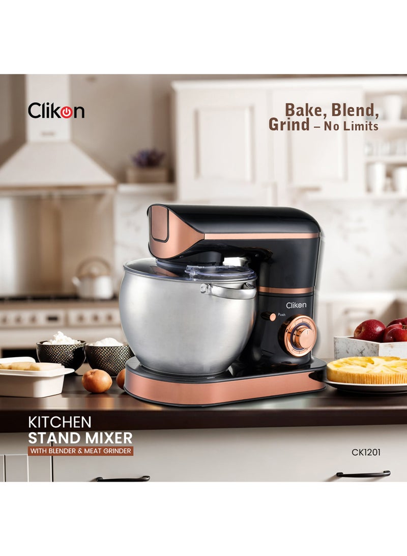 كليكون Kitchen Stand Mixer With Blender & Meat Grinder, 1500W, 8.5L Stainless Steel Bowl With Handle And 1.5Ltr Jar, 6 Speeds + Pulse with Dough Hook, Beater, Whisk Attachments, Tilt-Head Design 8.5 L 1500 W CK1201 Black and brown  - Image 2