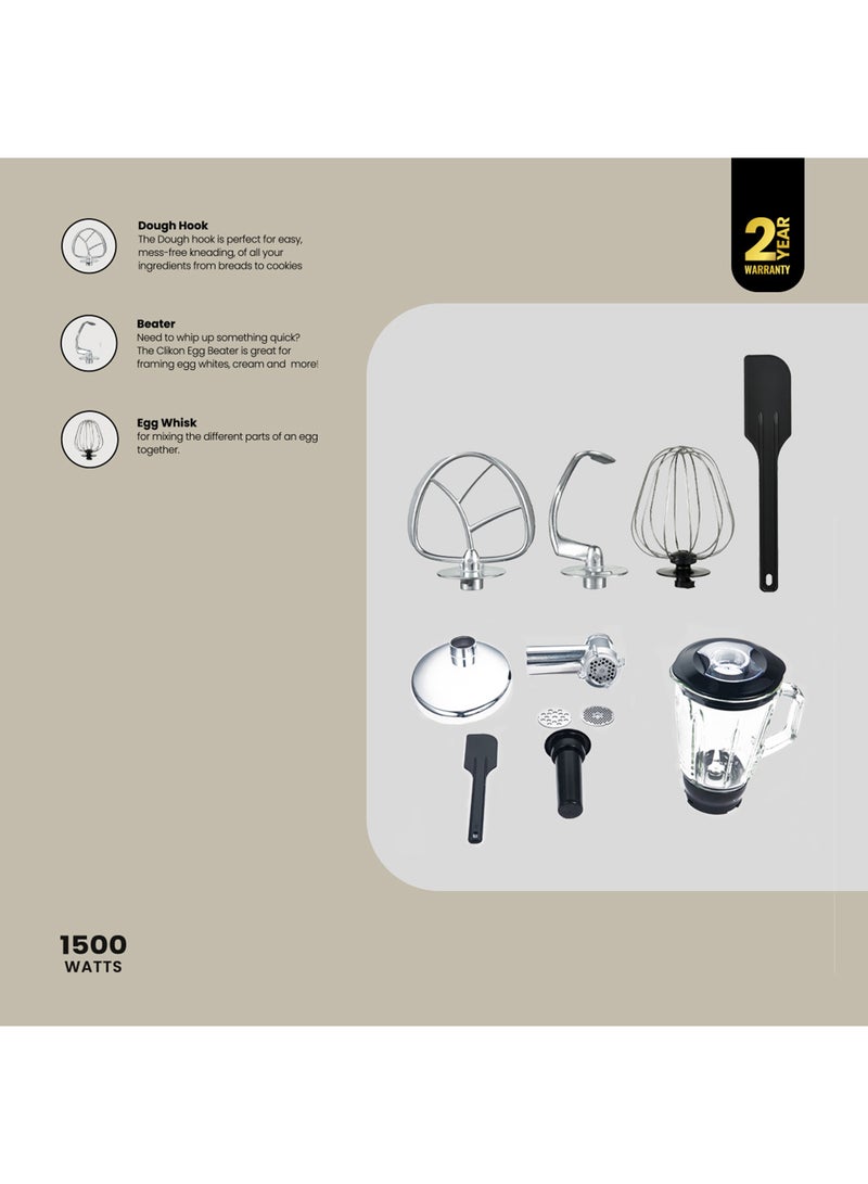 كليكون Kitchen Stand Mixer With Blender & Meat Grinder, 1500W, 8.5L Stainless Steel Bowl With Handle And 1.5Ltr Jar, 6 Speeds + Pulse with Dough Hook, Beater, Whisk Attachments, Tilt-Head Design 8.5 L 1500 W CK1201 Black and brown  - Image 5