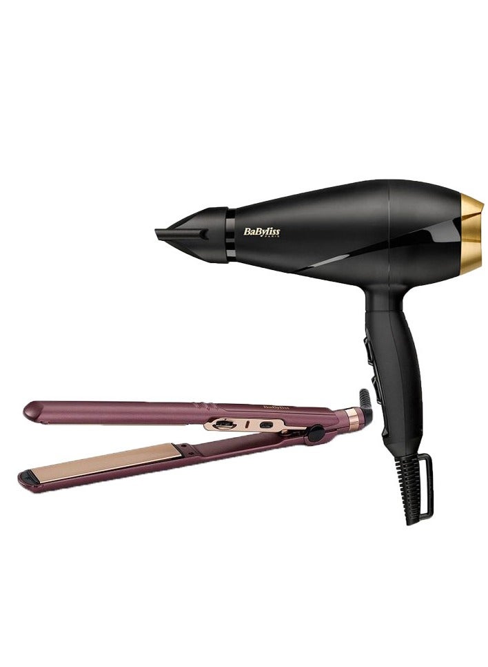 BaByliss Hair Dryer, 2000W, 3 Temperatures, Black Gold - 6704E with Babyliss Berry Crush 230 Hair Straightener, 140-230 Degree, Pink- ST2183PSDE - Image 1