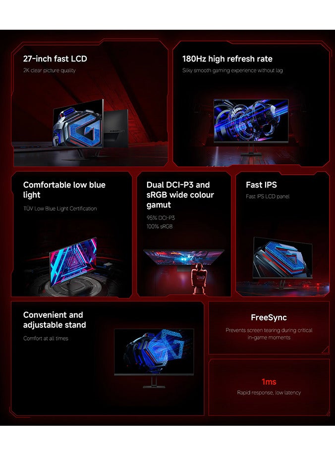 شاومي - 27" Inch Display Gaming Monitor (2560x1440) LCD G27Qi 2K, Fast IPS, 180Hz Refresh Rate, Upto 1ms Response Time with AMD Freesync & 2× HDMI2.0 DP 1.4×2 - ELA5597UK | Balck - Image 1