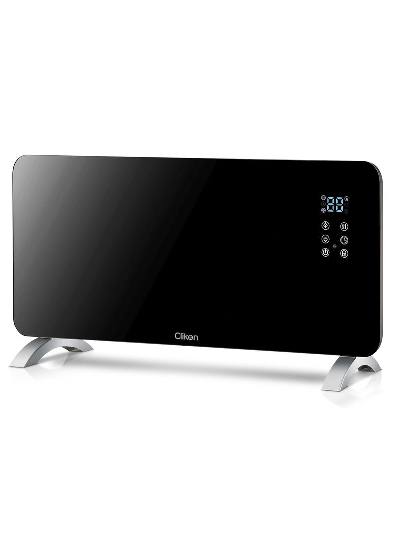 Clikon - Wall Mountable Glass Convector Heater with Remote Control, LED Display with Touch Display, 2 Heat Settings, Adjustable Temperature & Timer, Tempered Glass – 2000 W CK4226 Black - Image 1