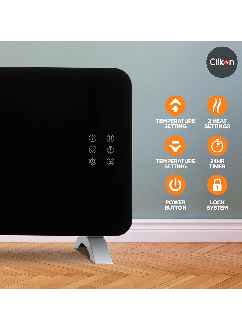 Clikon - Wall Mountable Glass Convector Heater with Remote Control, LED Display with Touch Display, 2 Heat Settings, Adjustable Temperature & Timer, Tempered Glass – 2000 W CK4226 Black - Image 1